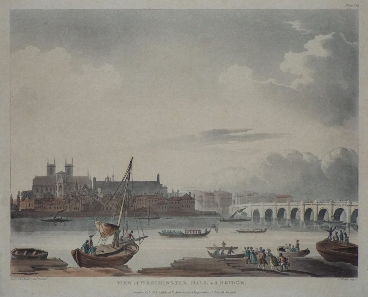 Aquatint - View of Westminster Hall and Bridge. - Bluck